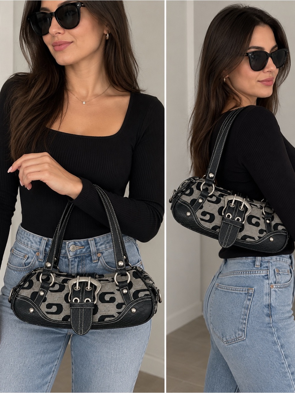 Black & Gray Patterned Shoulder Bag